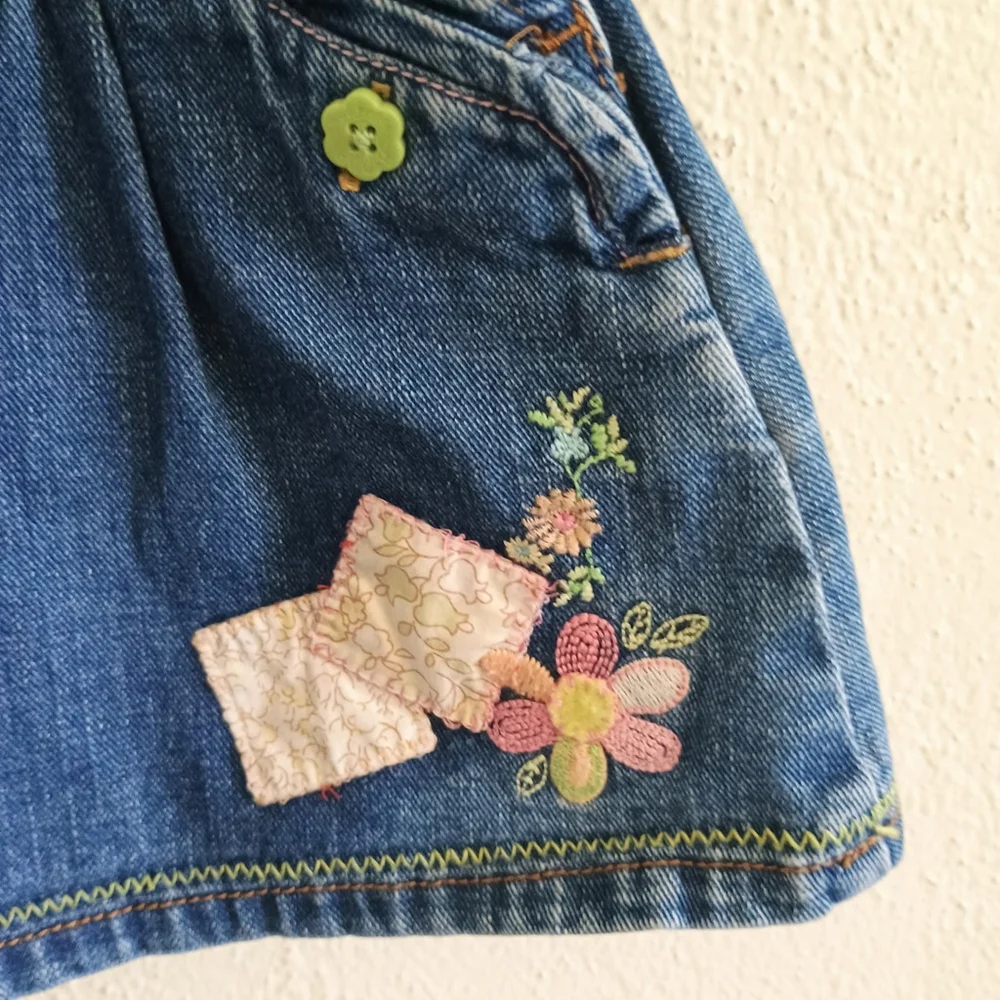 OshKosh B'Gosh Denim Blue Jean Denim Jumper Embroidered Pink Flowers Patches 3/6